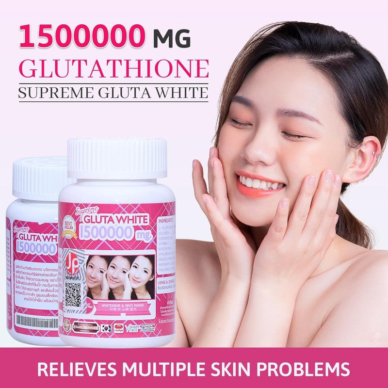 Supreme Gluta White 1500000mg for Skin Lightening, Skin Moisturizer, Collagen Stimulator Healthy Blood Circulation | L-Glutathione 30 Softgels (Pack of 3)