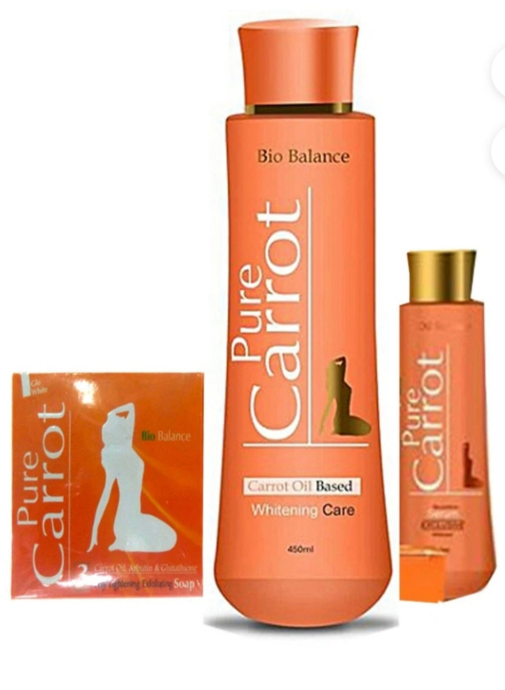 PURE CARROT WHITENING BODY CARE LOTION SET ( LOTION, SERUM &SOAP) 3-PIC SET PURE CARROT GOLD