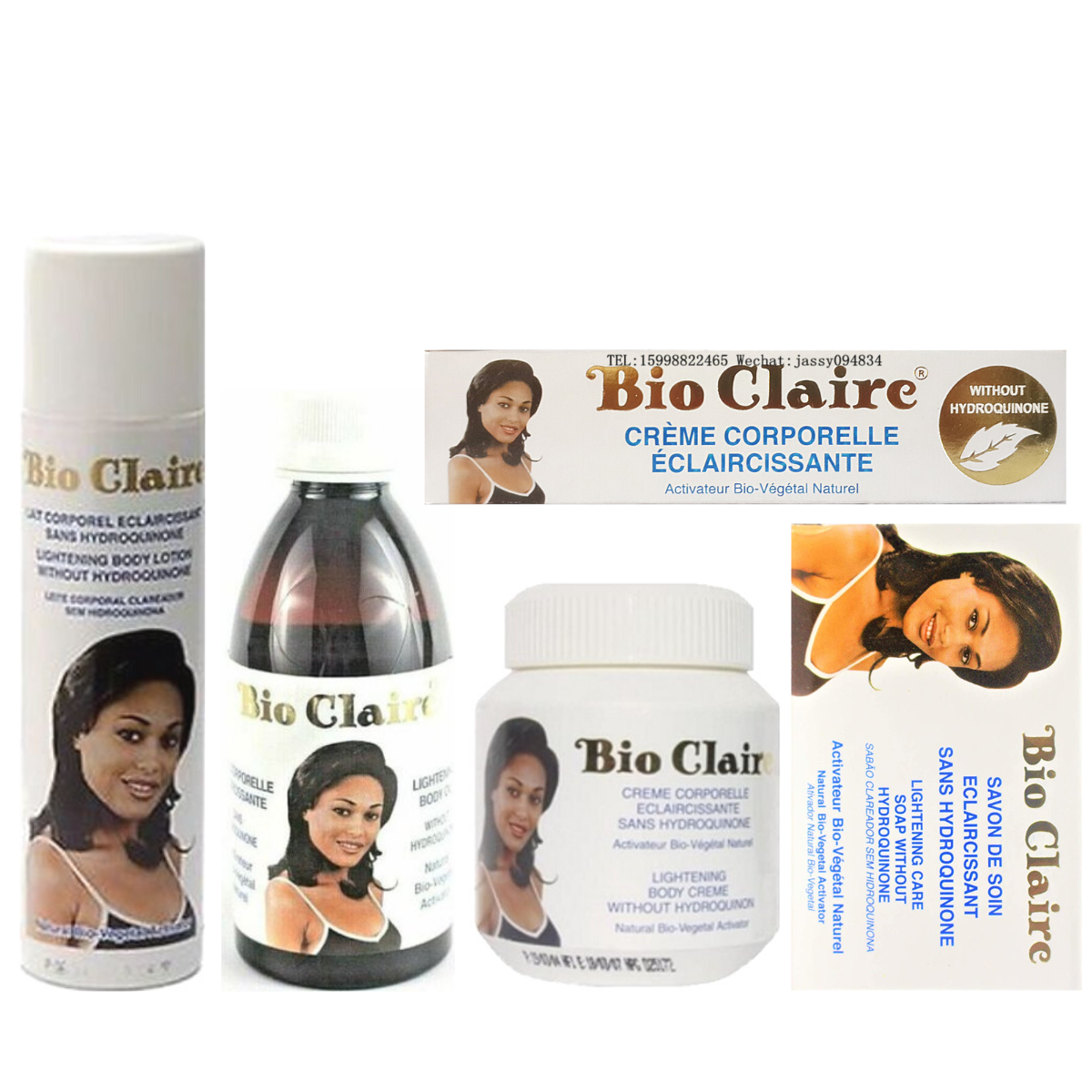 BIO CLAIRE LIGHTENING BODY LOTION + CREAM JAR + OIL + SOAP + CREME TUBE COMPLETE SET. Bio Claire