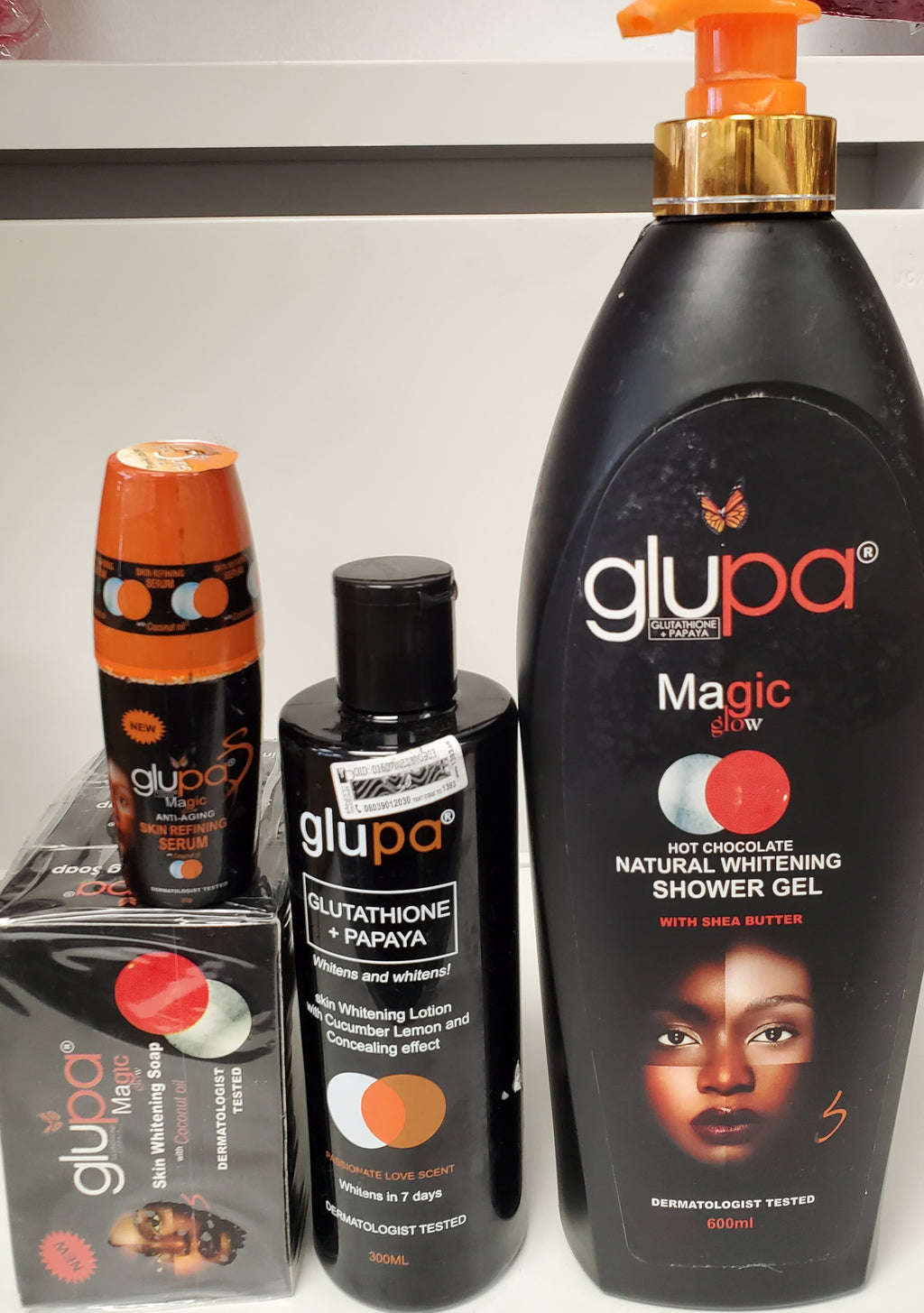 Glupa Glutathione Whitening Body Lotion Papaya+ Shower Gel+ Serum + Bar Soap glutamaster