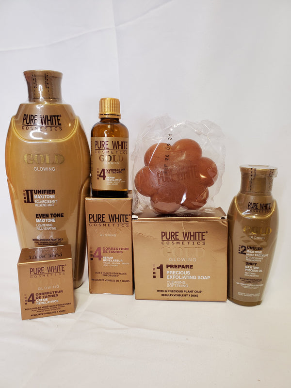 PURE WHITE GOLD GLOWING MAXI-TONE LIGHTENING LOTION 5PIC SET LOTION + SOAP +SERUM +OIL+ DARK SPOT CORRECTOR Pure white