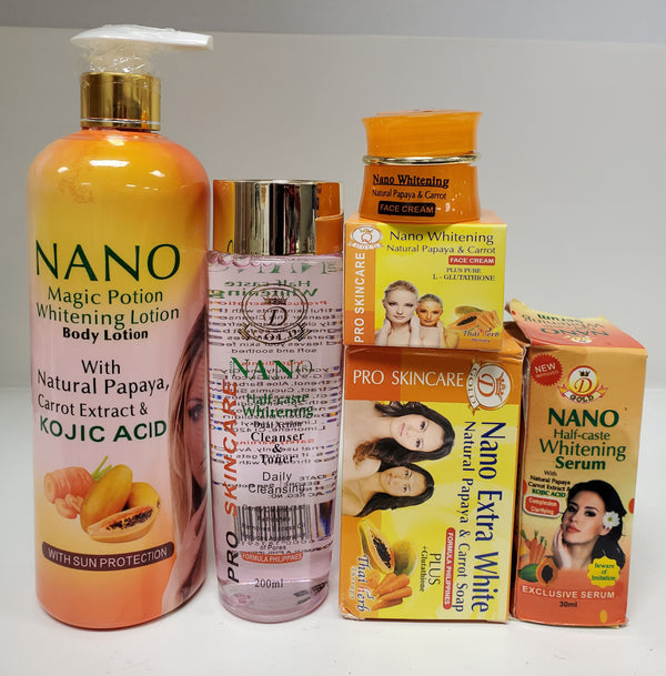 NANO MAGIC POTION WHITENING LOTION + NANO CLEANSER +FACE CREAM +SOAP +SERUM 5PIC Nano Extra White